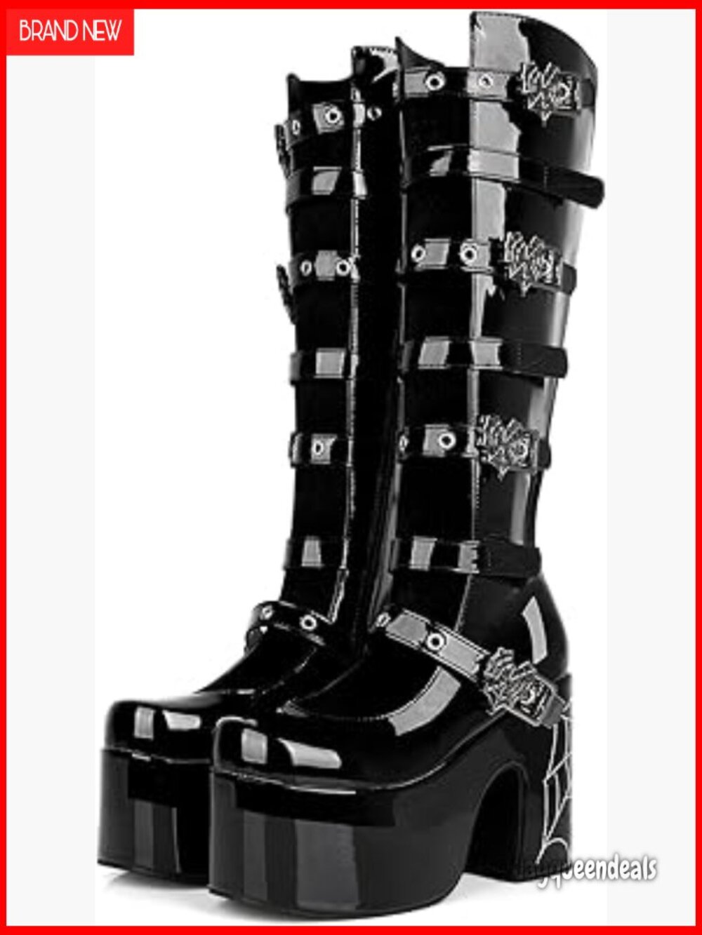 Women's Knee High Platform Combat Boots with Buckle Straps Chunky Wedge Heels
